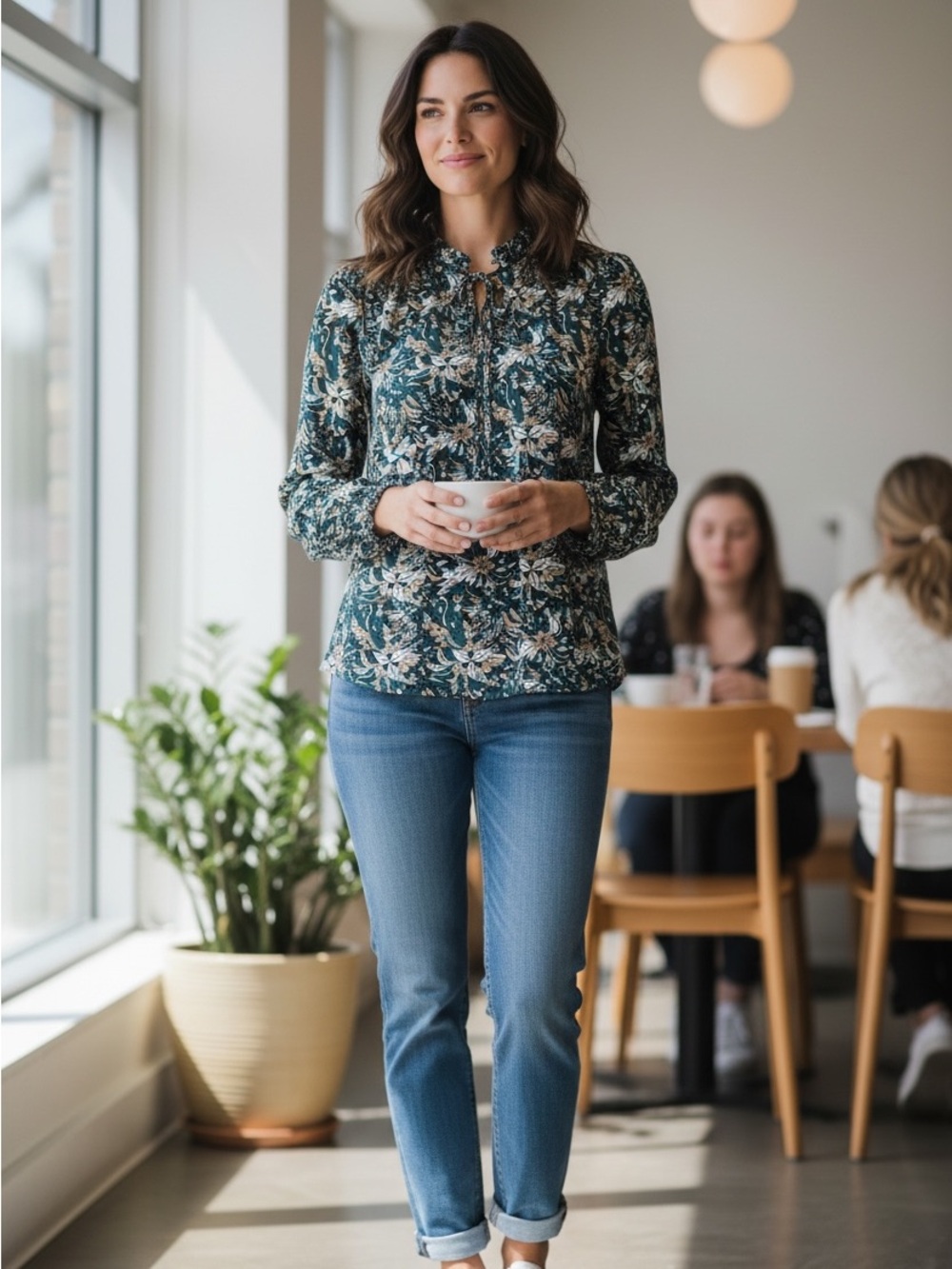 SOYACONCEPT Teal Floral Long-Sleeve Blouse size small